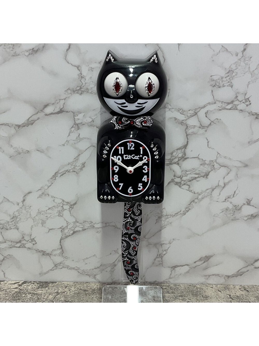CUSTOM Jeweled Black Kit-Cat Klock clock with Chantilly lace tail and bow tie - Picture 4 of 7